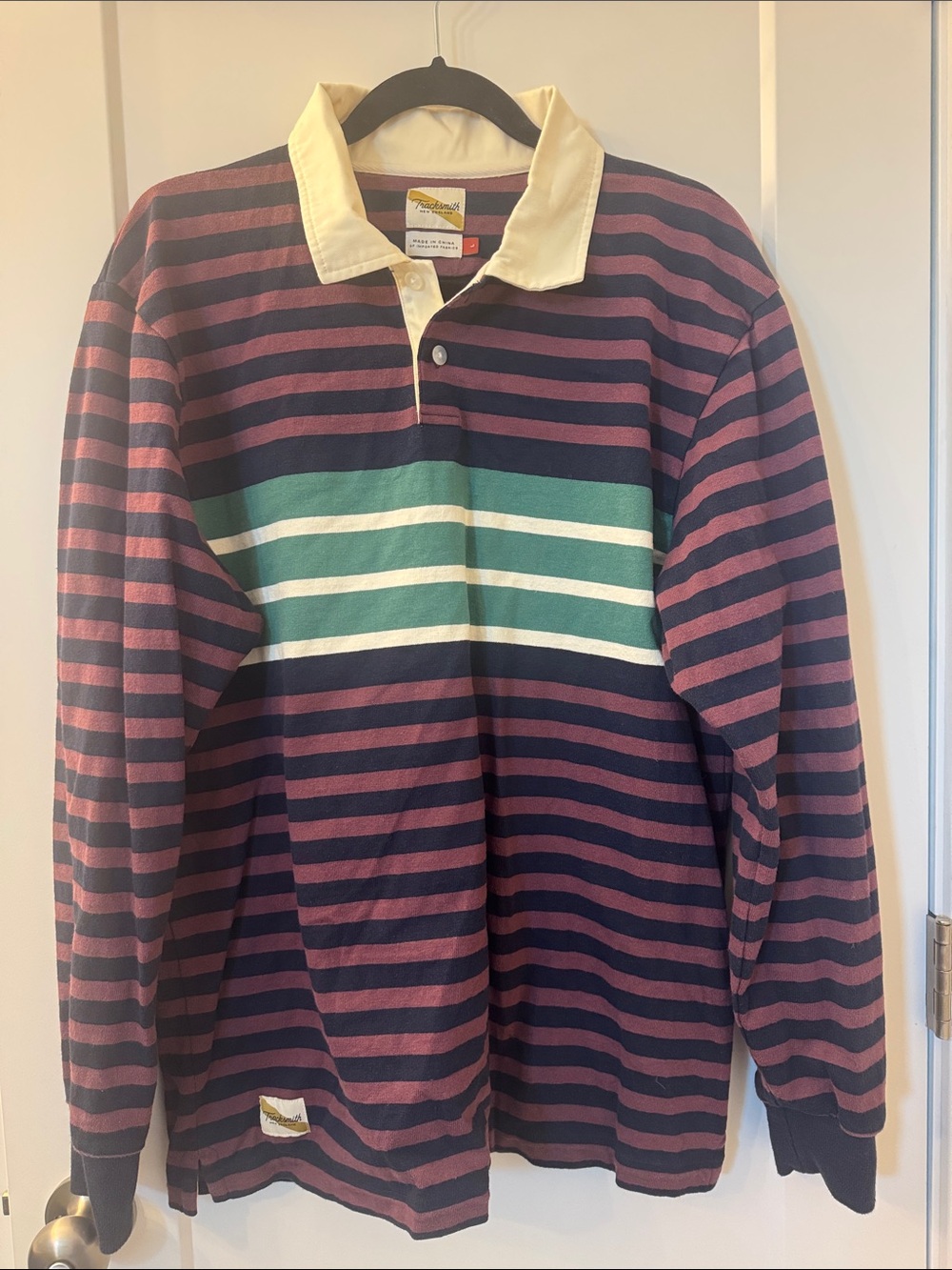 Men’s L Tracksmith Striped Rugby Polo - Purple, Navy & Green
